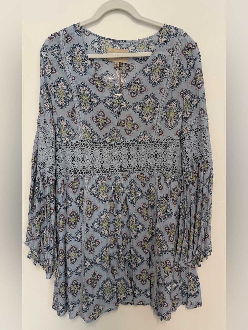 Moon River Light Blue Printed Crochet-Trim Tunic Dress
